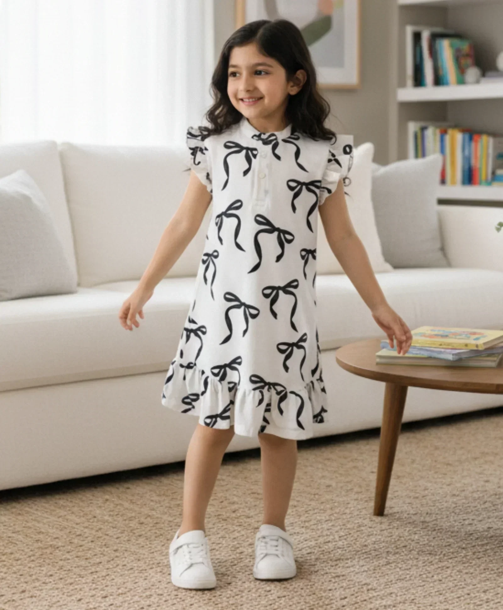 BLACK BOW FRILL SUMMER DRESS - OFF WHITE - Image 5