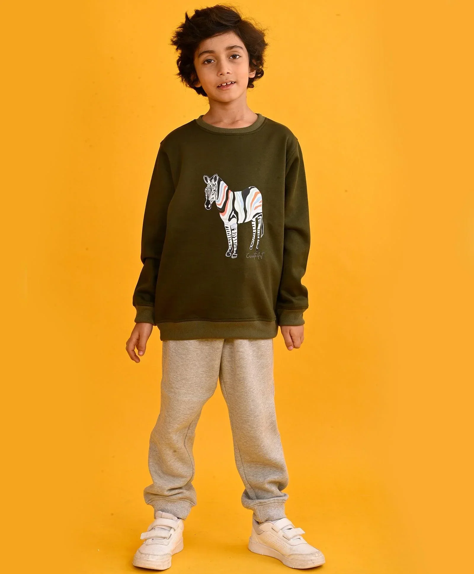 DARK OLIVE ZEBRA BOYS SWEATSHIRT GREY FLEECE JOGGER SET - OLIVE/GREY - Image 5