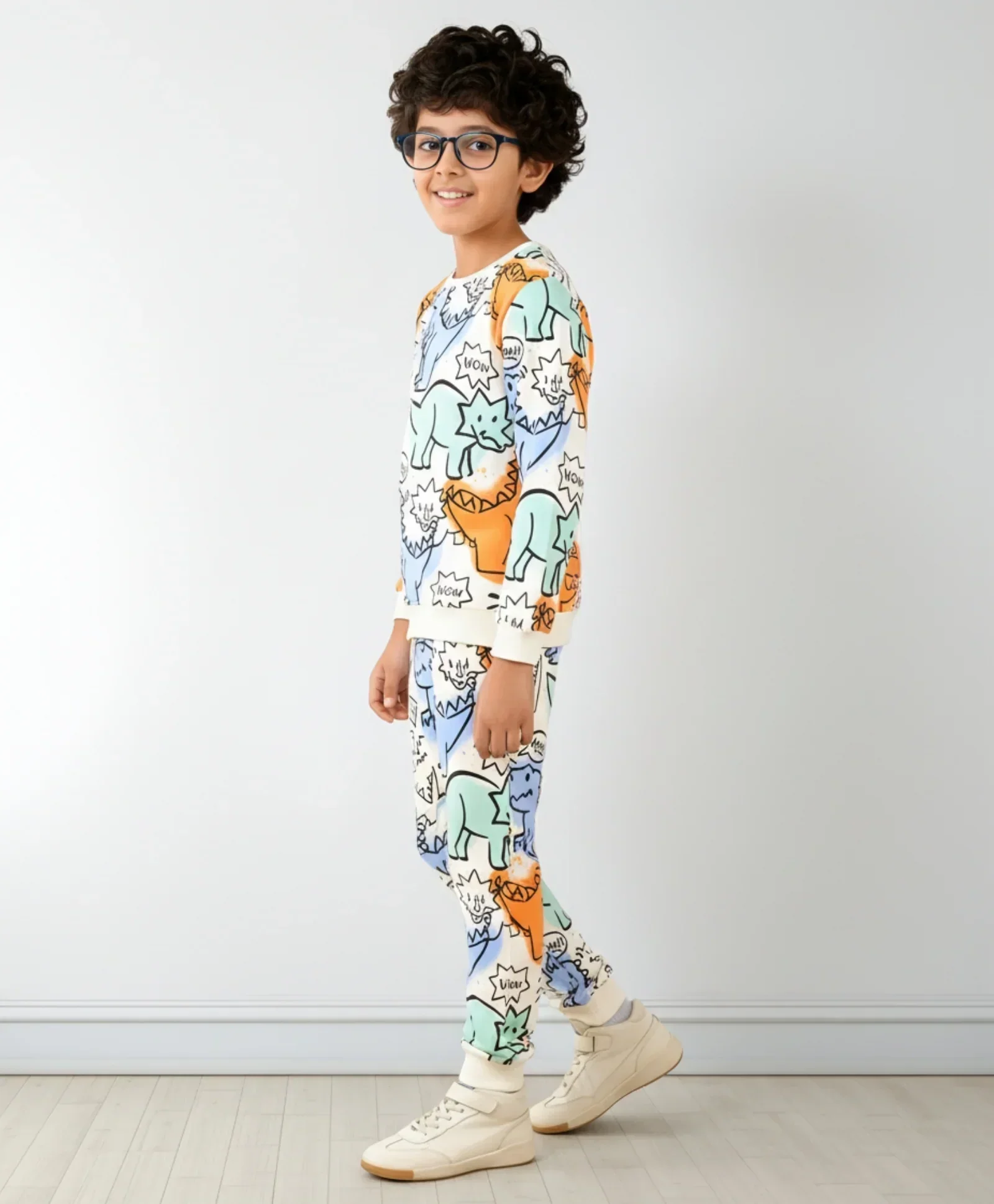 DINOSAUR WOW FUN FLEECE SWEATSHIRT JOGGER SET - WHITE - Image 4