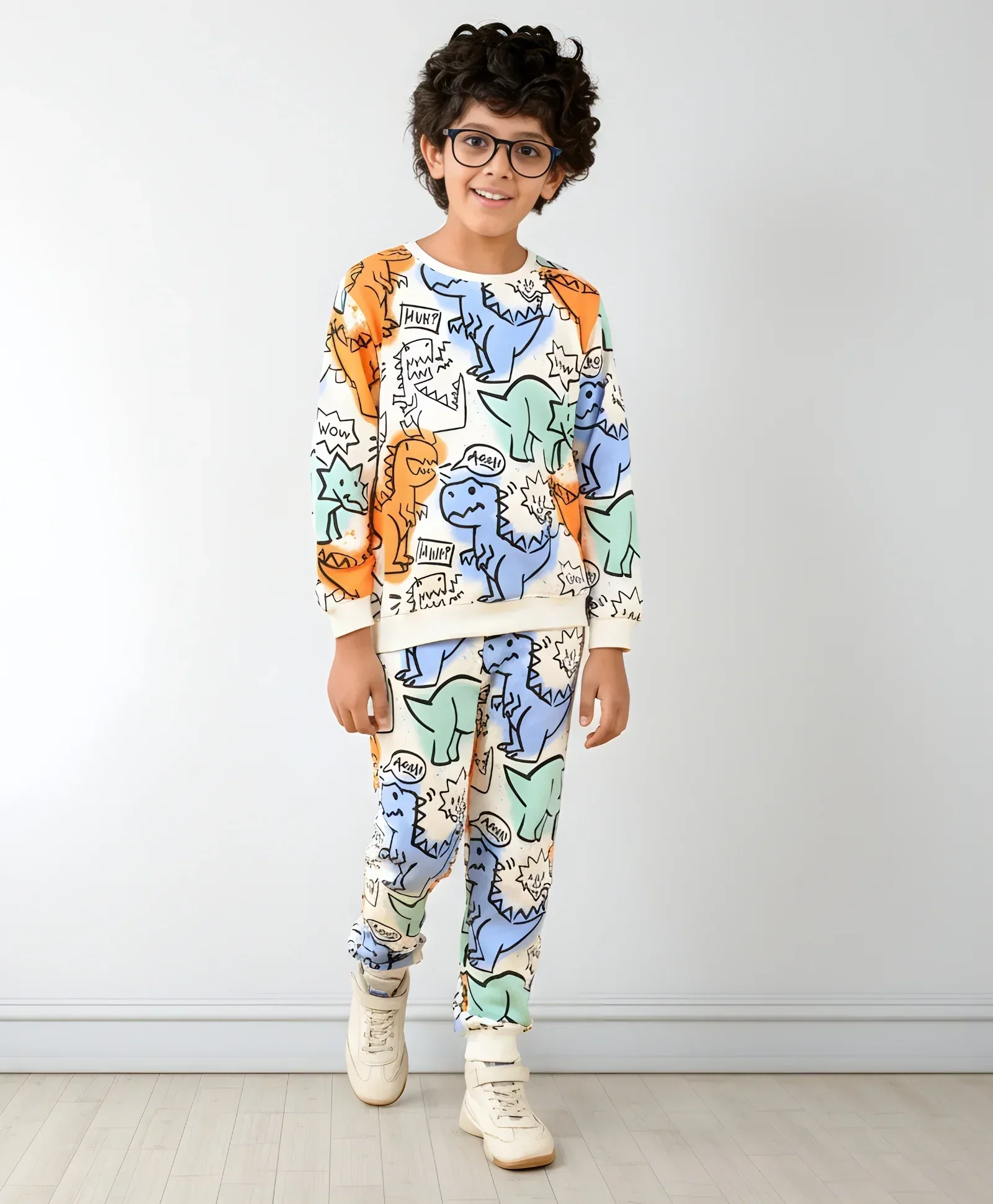 DINOSAUR WOW FUN FLEECE SWEATSHIRT JOGGER SET - WHITE - Image 6