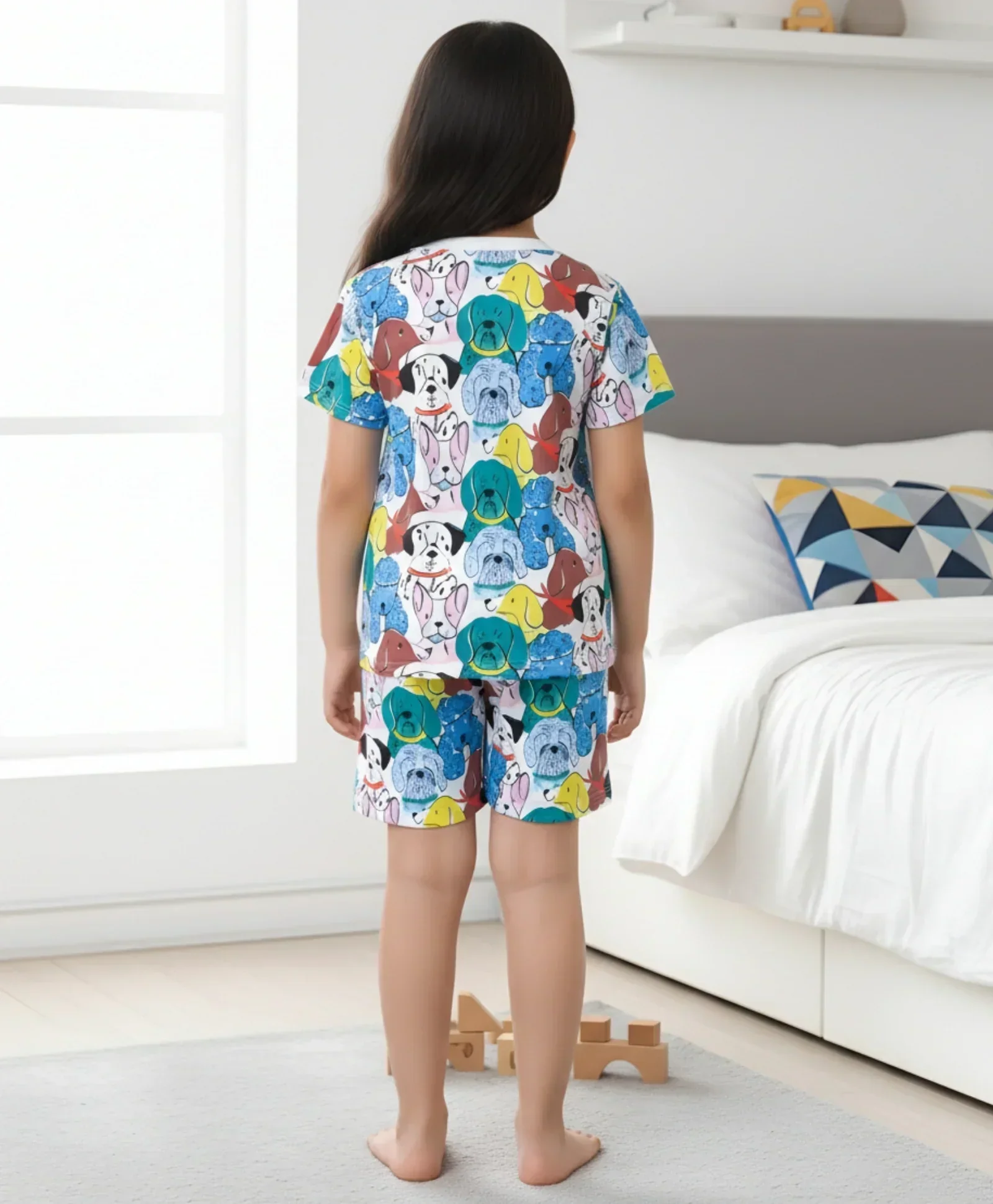 DOGS PRINT GIRLS SLEEPWEAR SHORT SET - WHITE - Image 3