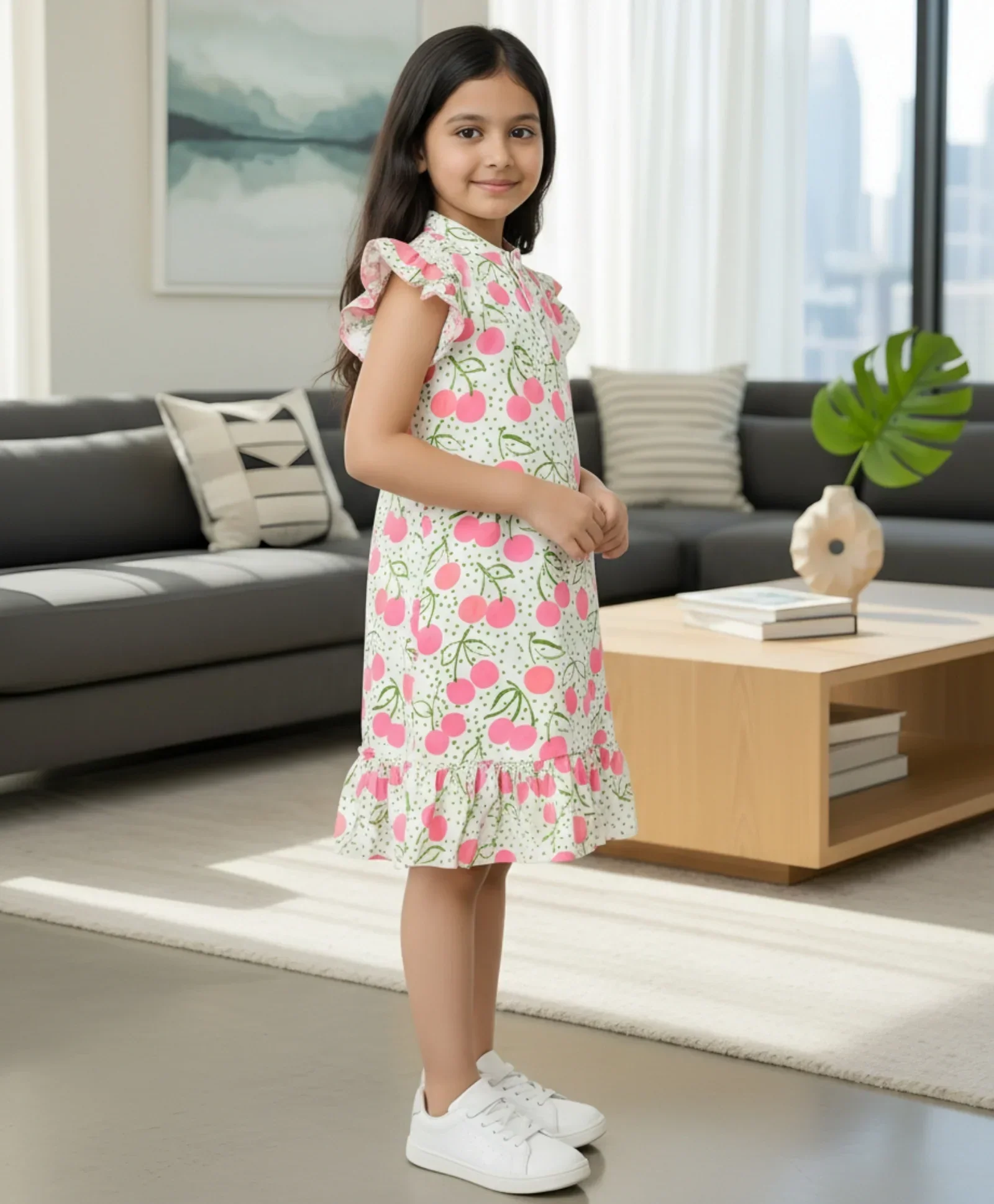 DOTTED CHERRY FRILL PARTY DRESS - OFF WHITE - Image 3