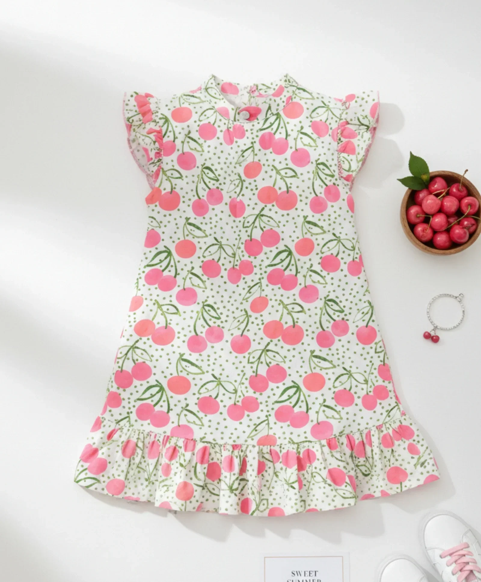 DOTTED CHERRY FRILL PARTY DRESS - OFF WHITE - Image 5