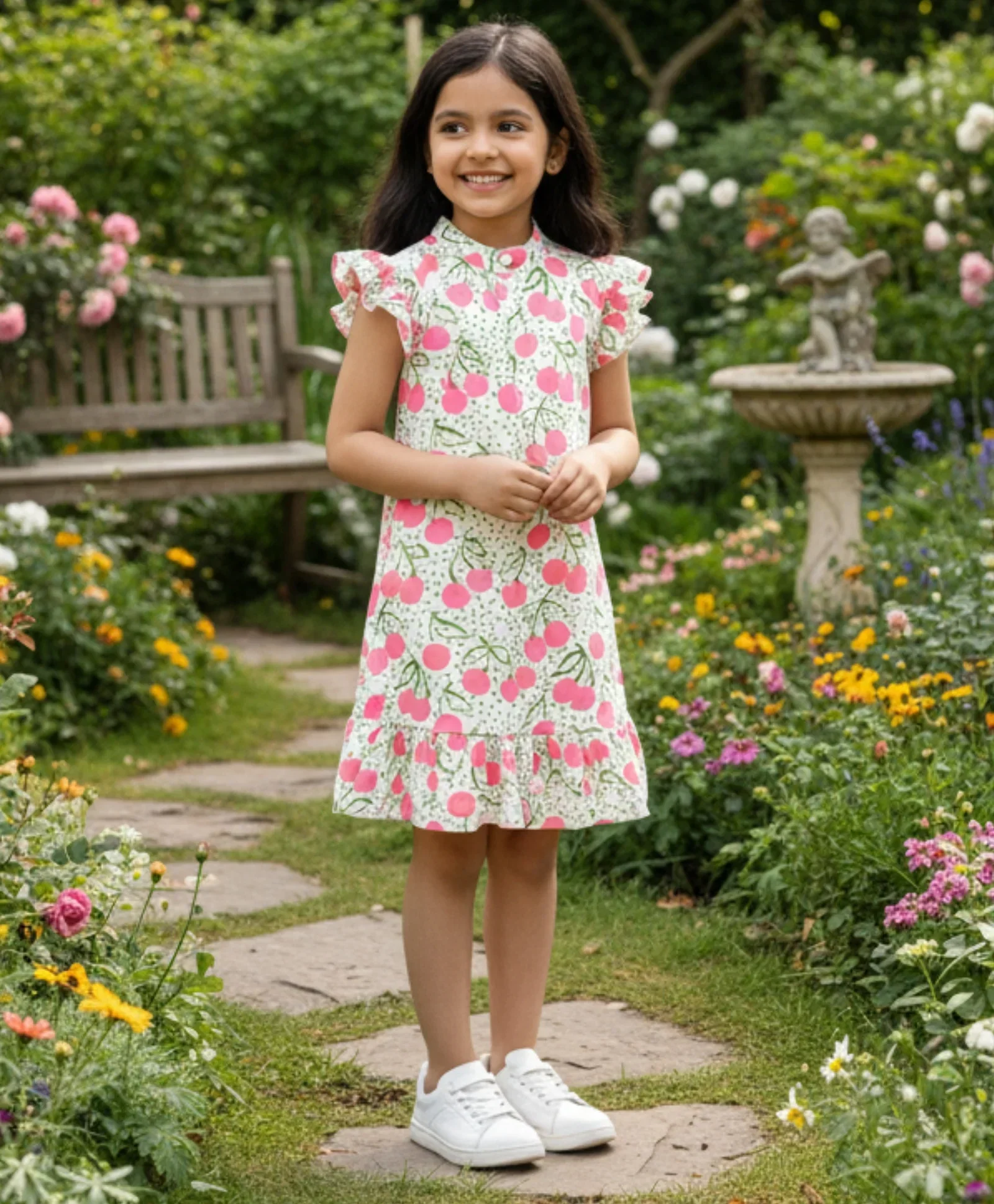 DOTTED CHERRY FRILL PARTY DRESS - OFF WHITE - Image 7