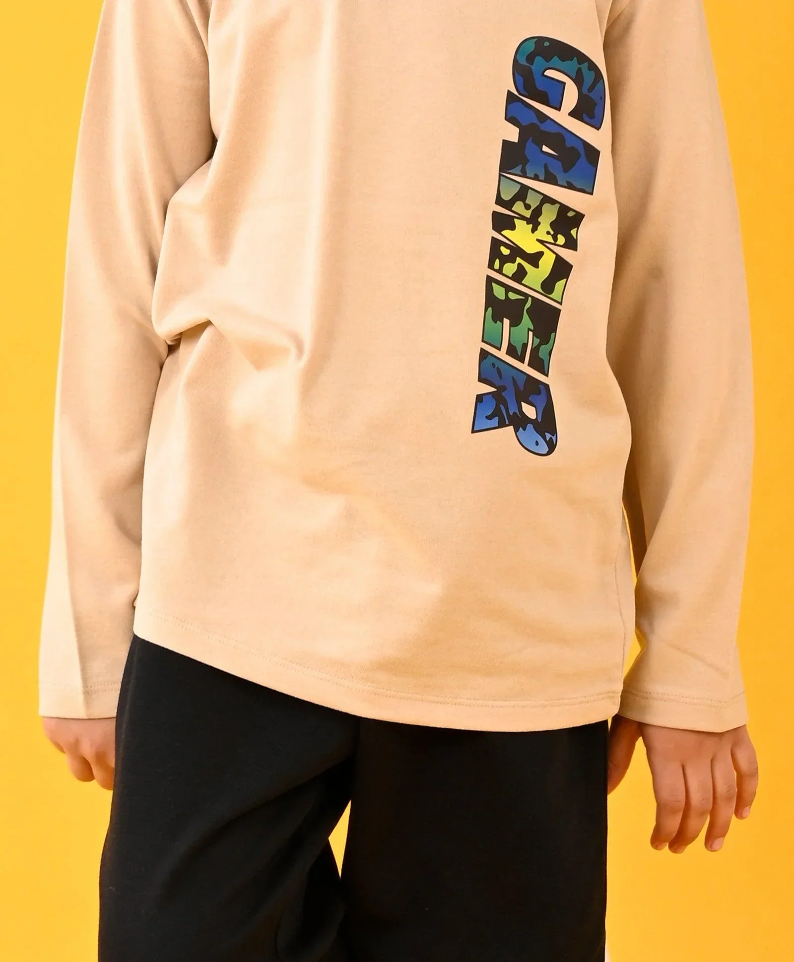 GAMER BEIGE T-SHIRT AND WARM FLEECE BLACK JOGGER SET - BEIGE / BLACK - Image 5