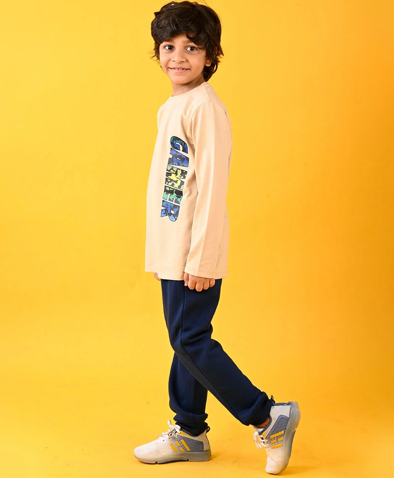 GAMER BEIGE T-SHIRT AND WARM FLEECE NAVY JOGGER SET - BEIGE/NAVY - Image 4