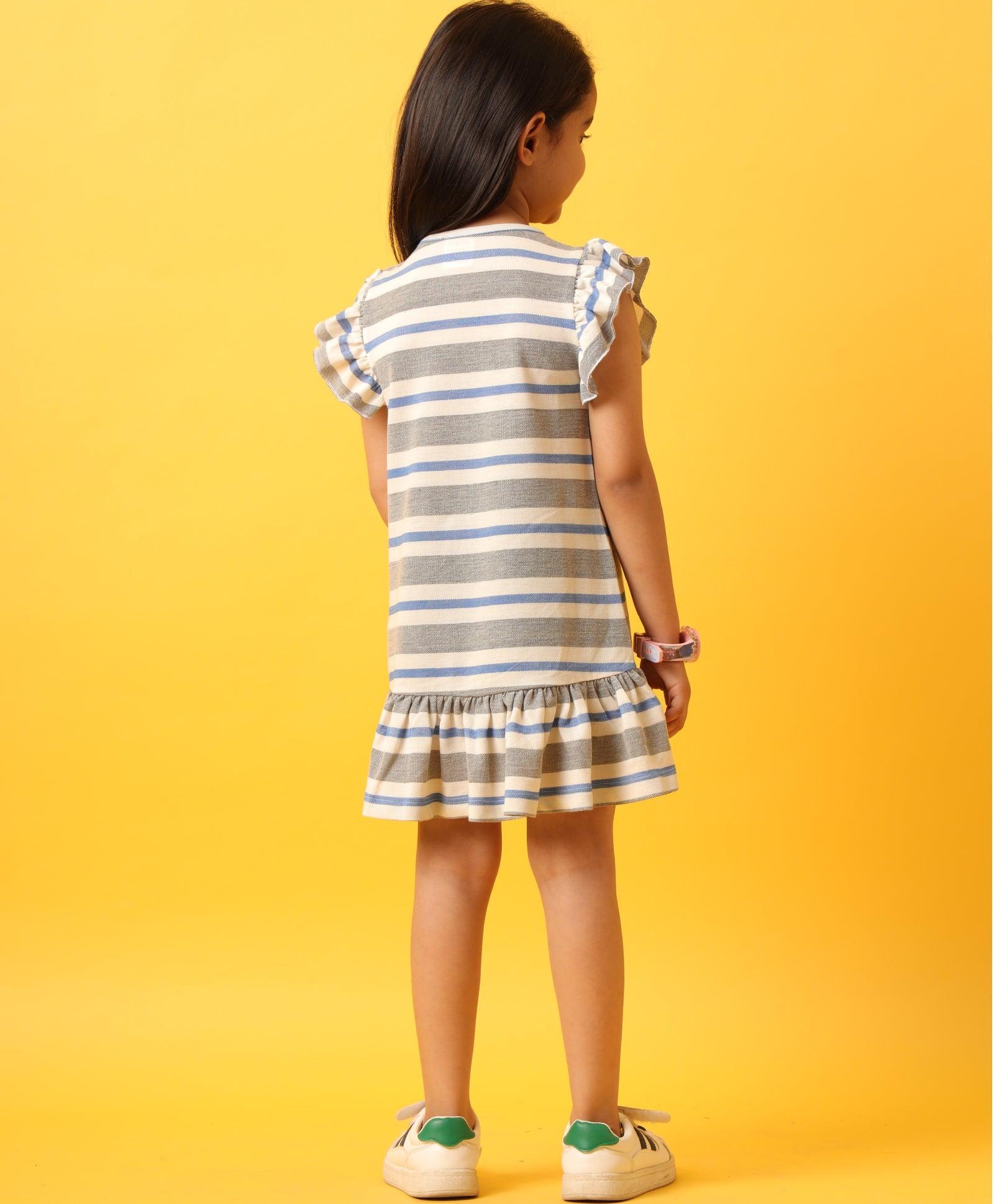 GREY WHITE STRIPED RUFFLE DRESS-GREY - Image 5