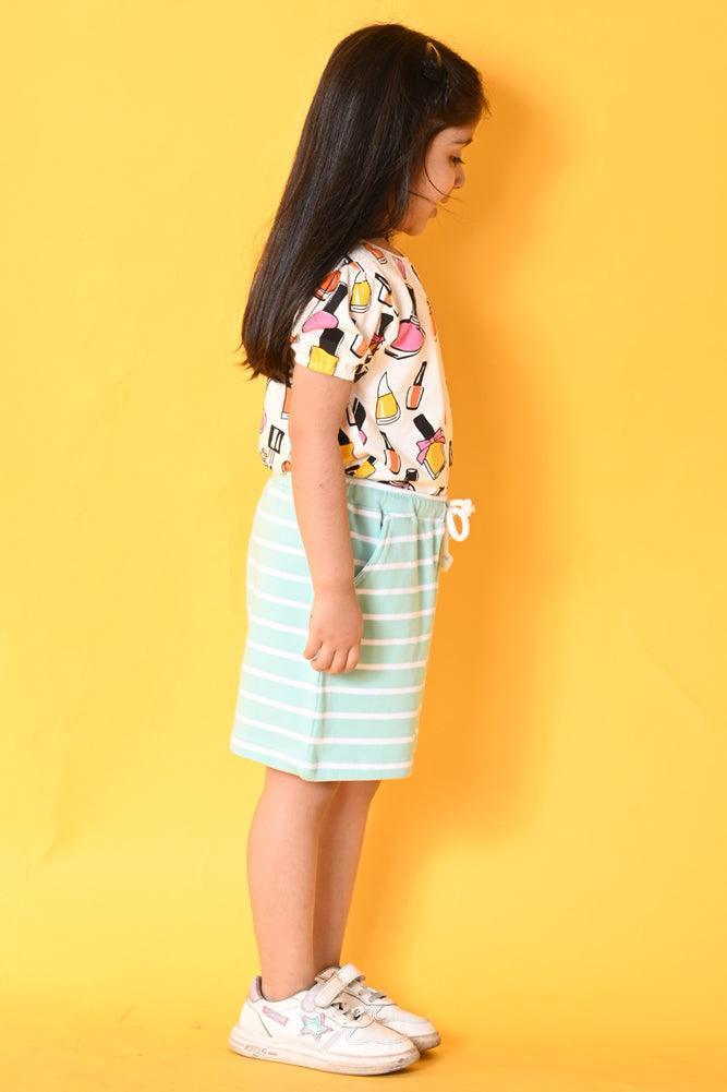 NAIL PAINT AQUA STRIPED SHORTS SET - WHITE/AQUA - Image 3