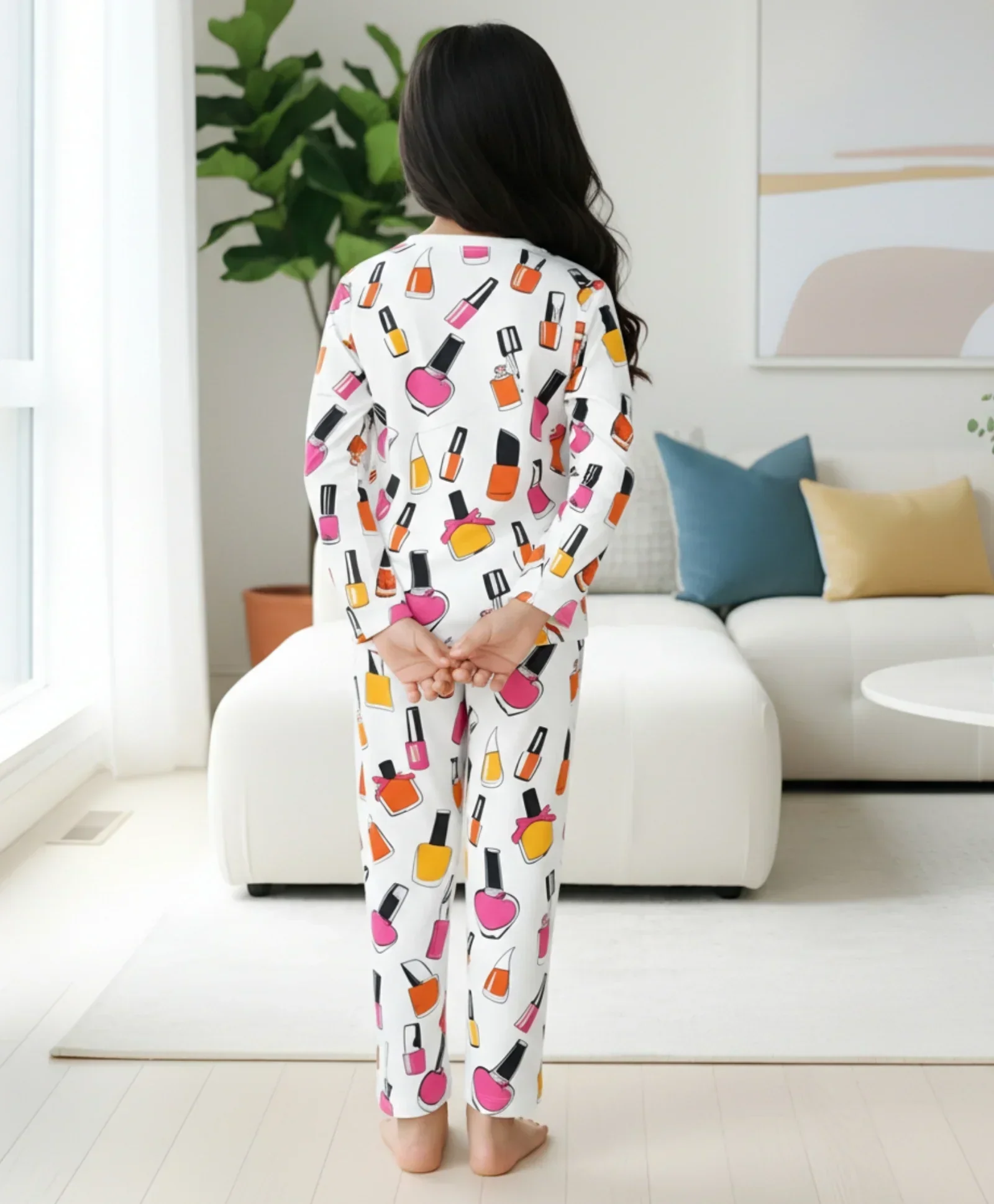 NAIL PAINT LONG SLEEVES PYJAMA SET - WHITE - Image 3