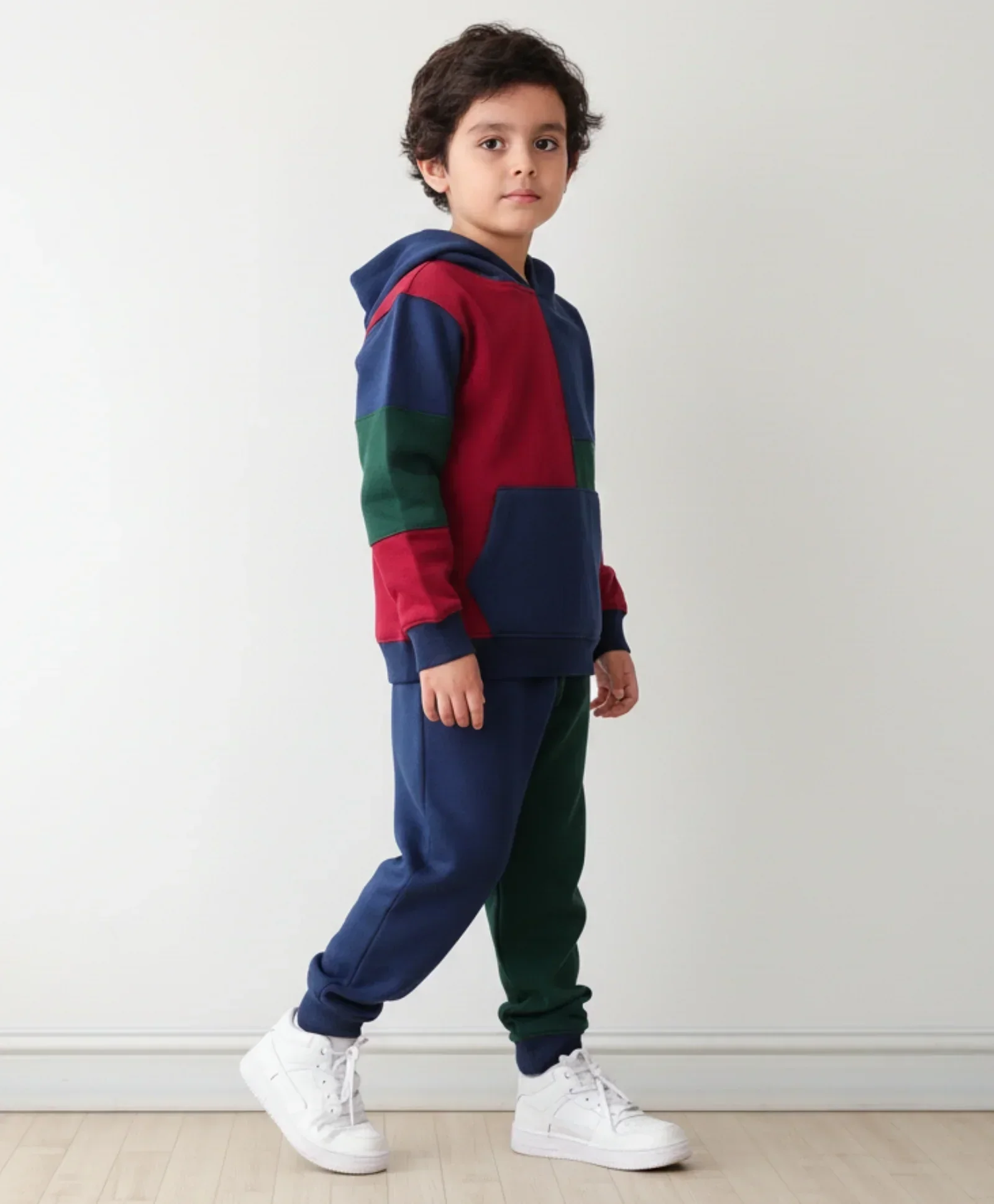 NAVY MEHROON GREEN COLOR BLOCK FLEECE HOODIE JOGGER SET - NAVY - Image 4