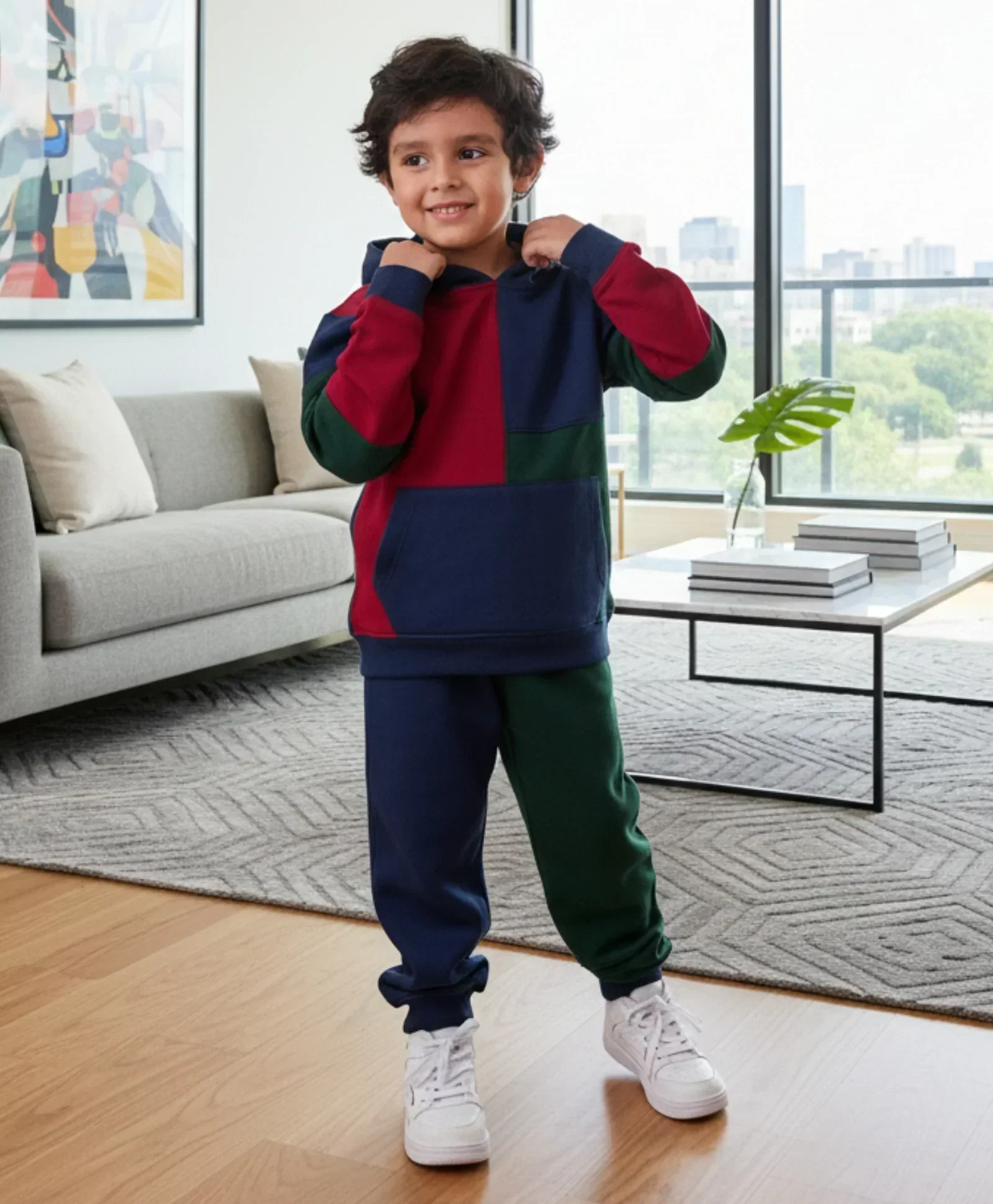 NAVY MEHROON GREEN COLOR BLOCK FLEECE HOODIE JOGGER SET - NAVY - Image 7