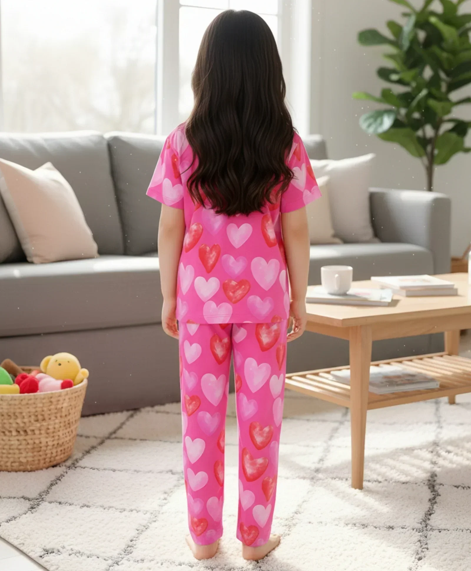 PINK HEARTS SHORT SLEEVE PYJAMA SET - PINK - Image 3