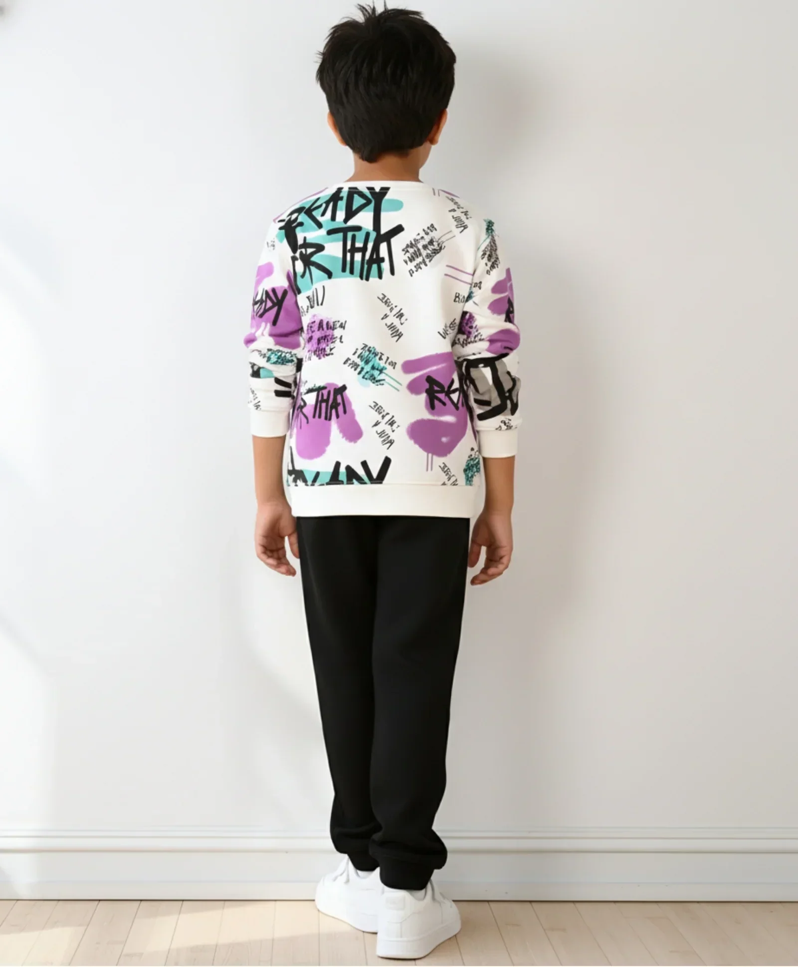 READY FOR THAT ROUND NECK BOYS FLEECE SWEATSHIRT WARM BLACK JOGGER SET - WHITE/BLACK - Image 7