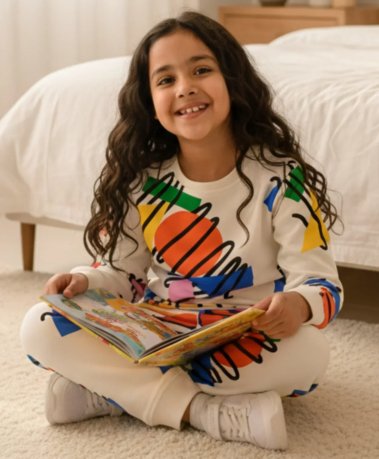 SHAPES PRINT GIRLS SWEATSHIRT FLEECE JOGGER SET - WHITE - Image 3