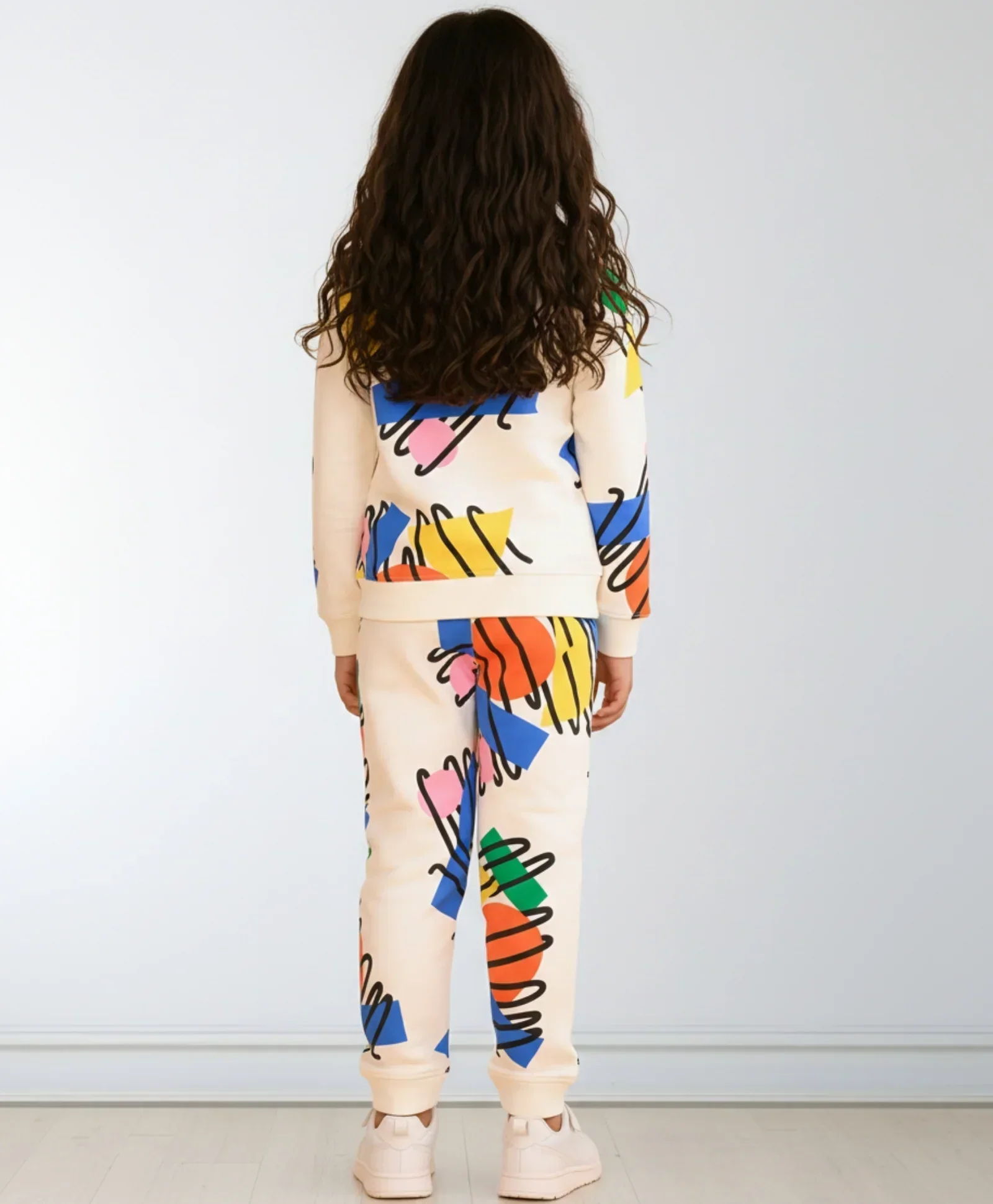 SHAPES PRINT GIRLS SWEATSHIRT FLEECE JOGGER SET - WHITE - Image 6