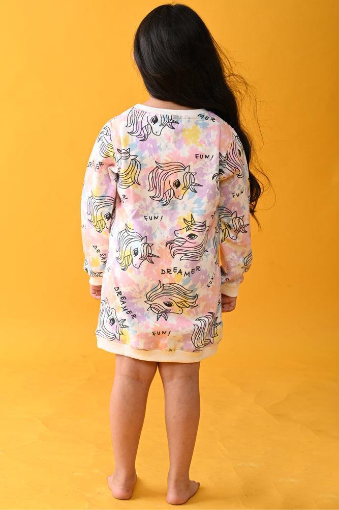 UNICORN TIE DYE FLEECE SWEATSHIRT DRESS - WHITE - Image 4